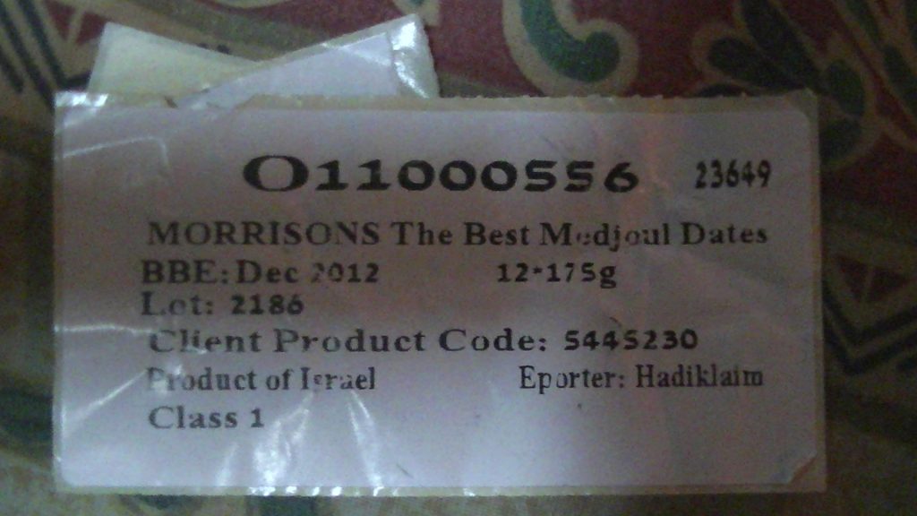 Labels stating the 'Best Before' date and that the exporter is Hadiklaim 